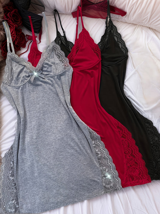 3pcs Of Women's Solid Lace Nightdress, Lace Panels, Skirt Side Slits,  Lace Home Nightdress Store ARBELLA'S