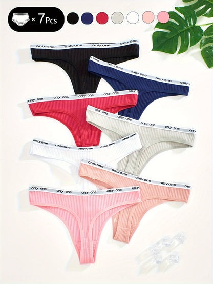 7pcs Letter Tape Thongs, Comfy & Skin-friendly Low Waist Intimates Panties, Women's Lingerie & Underwear