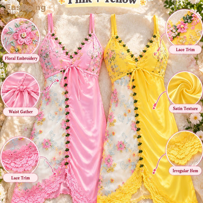 [Easdoing] Conjunto de 2 piezas de camisola de satén y camisón para mujer, encaje bordado floral con dobladillo irregular, vestido de casa con cuello en V, combinación de rosa y amarillo 7