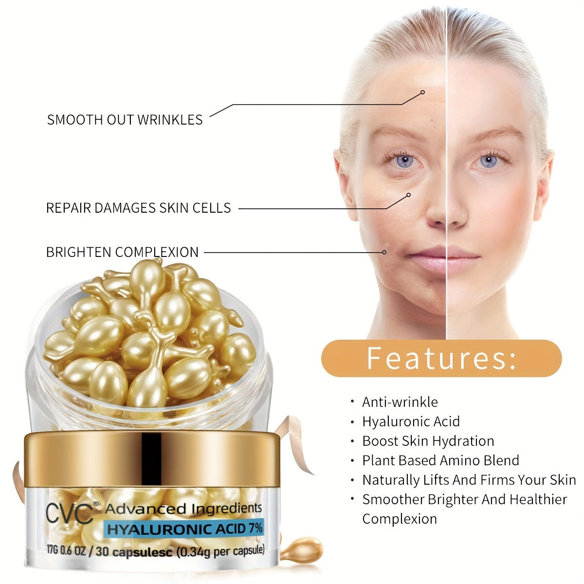 CVC Facial Serum Capsules, 30 Units, Reduces Fine Lines, Makeup Base, Serum And Essence Capsule For Liquids During The Day Revitalizing And Anti-aging Facial Treatment