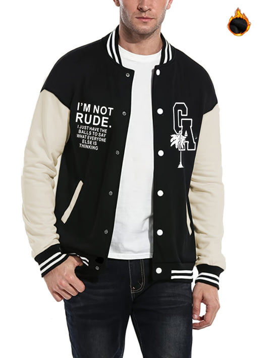 Letter Print Warm Varsity Jacket, Men's Casual Color Block Button Up Jacket For Fall Winter School Baseball