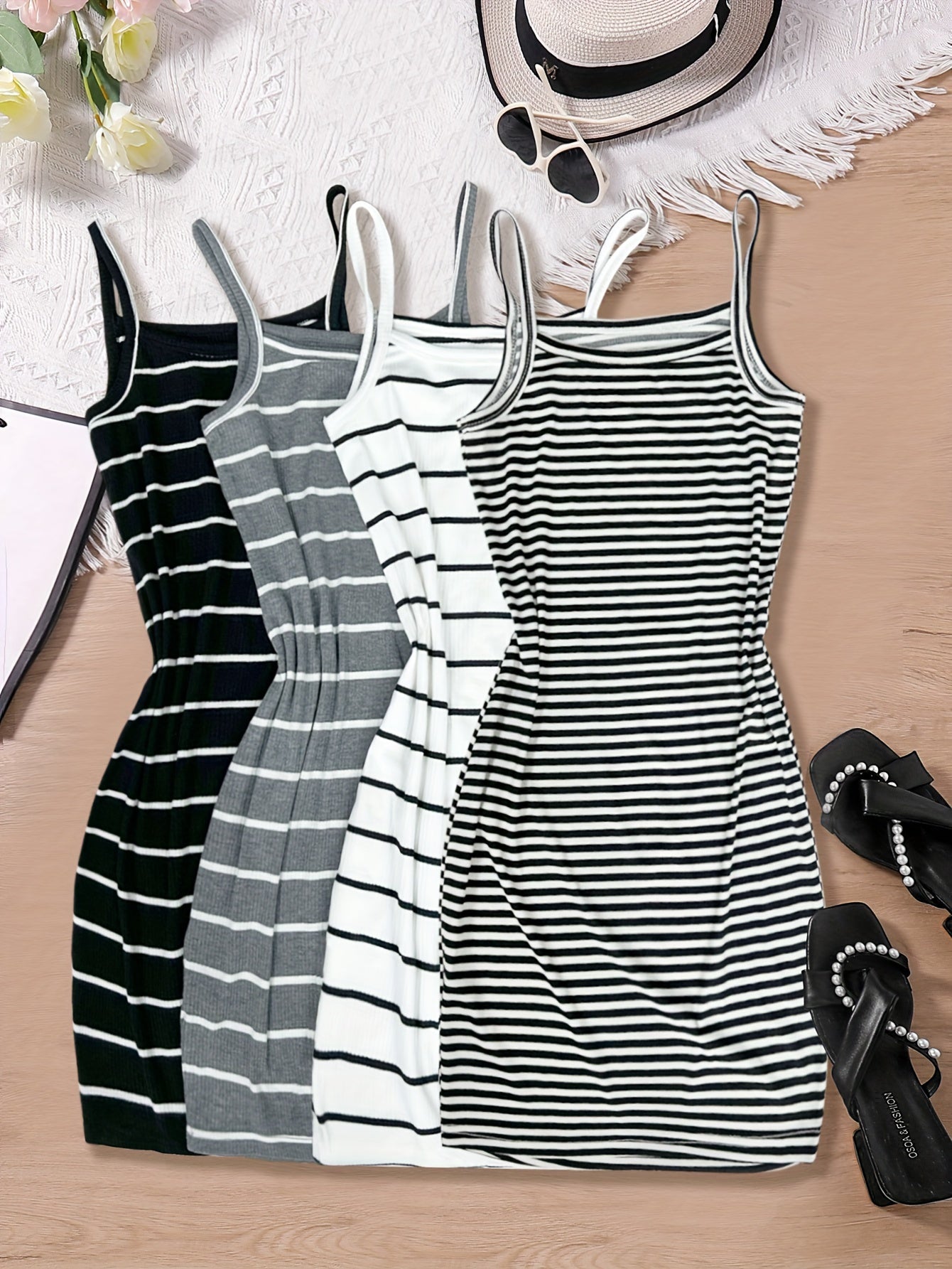 4-Pack Y2K Aesthetic Striped Cami Dresses - Slim-Fit Sleeveless Design, Ideal for Spring & Summer, Chic Womens Fashion