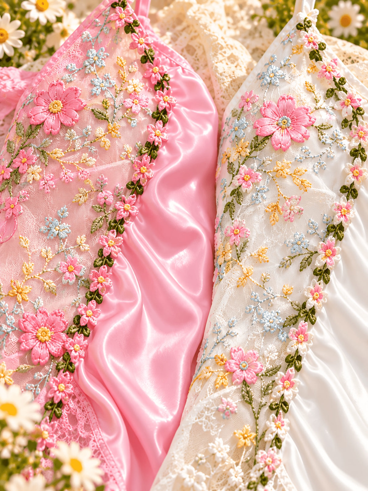 [Easdoing] Conjunto de Camisola de Satén para Mujer, 2 Piezas, Camisón de Encaje Bordado Floral con Dobladillo Asimétrico, Vestido de Casa con Cuello en V, Combinación Rosa y Blanca 5
