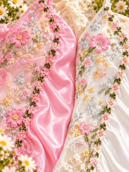 [Easdoing] Conjunto de Camisola de Satén para Mujer, 2 Piezas, Camisón de Encaje Bordado Floral con Dobladillo Asimétrico, Vestido de Casa con Cuello en V, Combinación Rosa y Blanca 5