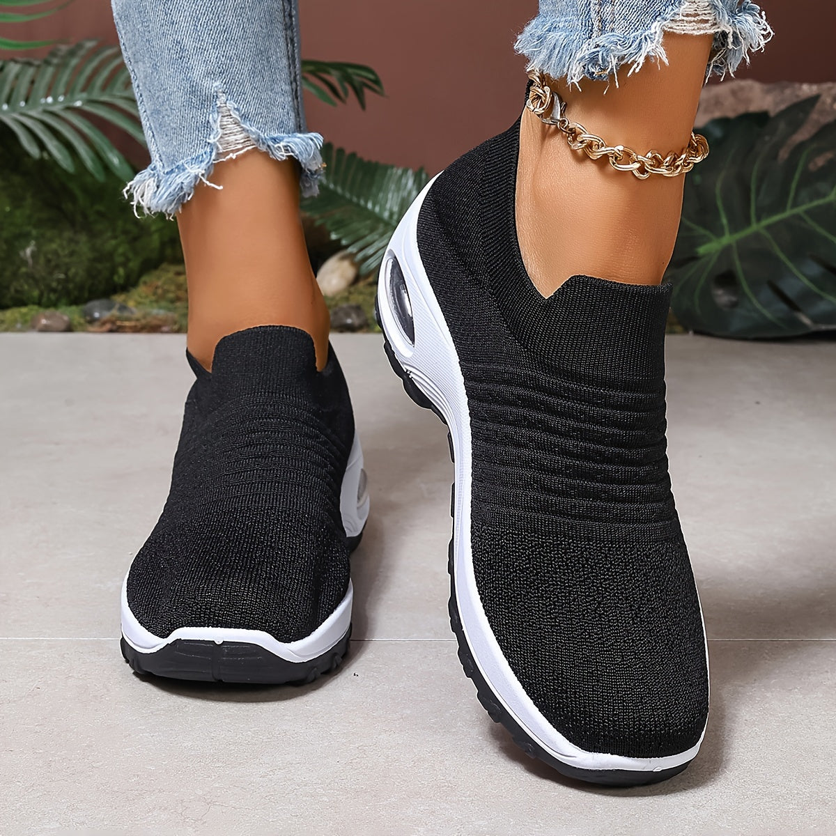 Women's Breathable Knit Sneakers - Comfortable Air Cushion, Slip-On Casual Shoes With Non-Slip Sole For Outdoor Activities