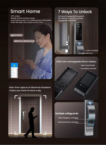 Waterproof 3D face recognition WISHOME WIFI APP RFID Card Code Keyless Smart Electronic Door Lock Aluminum/Glass Sliding Store ARBELLA'S