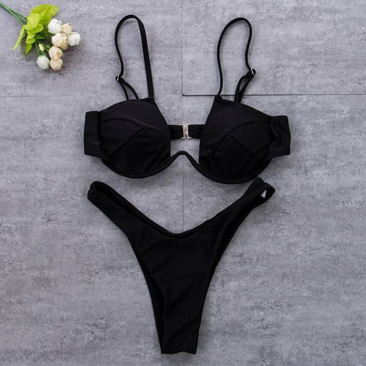 Women Fashion Padded Bra Bikini Set Swimsuit Ladies Solid  Bandage Push-up Triangle Swimwear Bathing Suits Biquini Swimwear