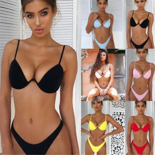 Solid Sexy Bikini  Summer Swimwear Women Swimsuit Push Up Bandeau Bra Bandage Women's Swimming Suit Solid Monokini Biquini