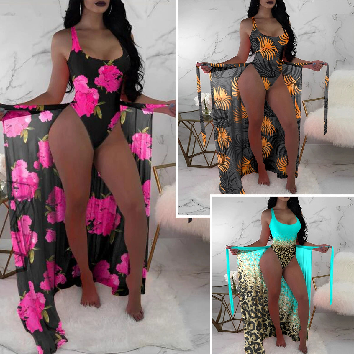 New Arrival Bikini Fashion Export Hot Spring Bathing Suit Women's Three-Piece Set Mesh Outerwear Printing Color Contrast Bikini