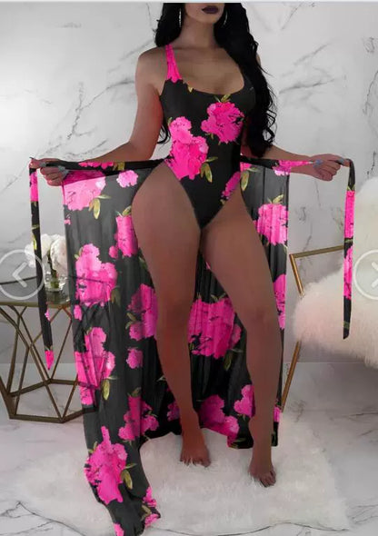 New Arrival Bikini Fashion Export Hot Spring Bathing Suit Women's Three-Piece Set Mesh Outerwear Printing Color Contrast Bikini