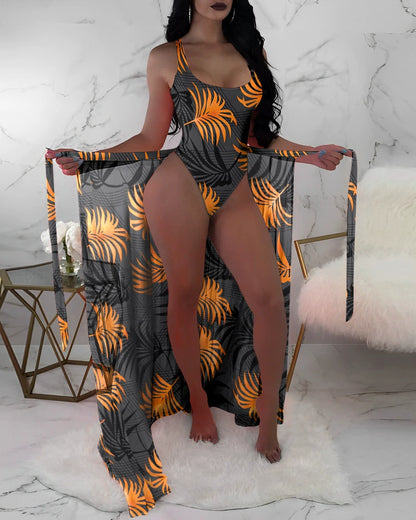 New Arrival Bikini Fashion Export Hot Spring Bathing Suit Women's Three-Piece Set Mesh Outerwear Printing Color Contrast Bikini