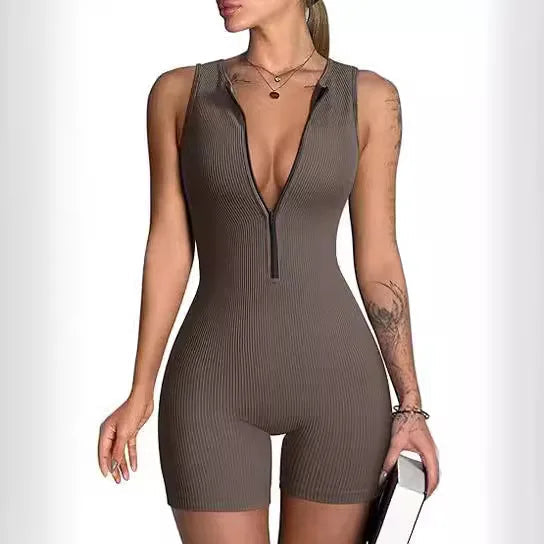 Women's Sleeveless V-Neck Bodysuit Stylish Yoga jumpsuit Exercise sleeveless front zip jumpsuit Slim Fit Romper Store ARBELLA'S