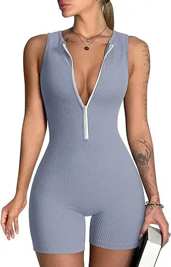 Women's Sleeveless V-Neck Bodysuit Stylish Yoga jumpsuit Exercise sleeveless front zip jumpsuit Slim Fit Romper Store ARBELLA'S