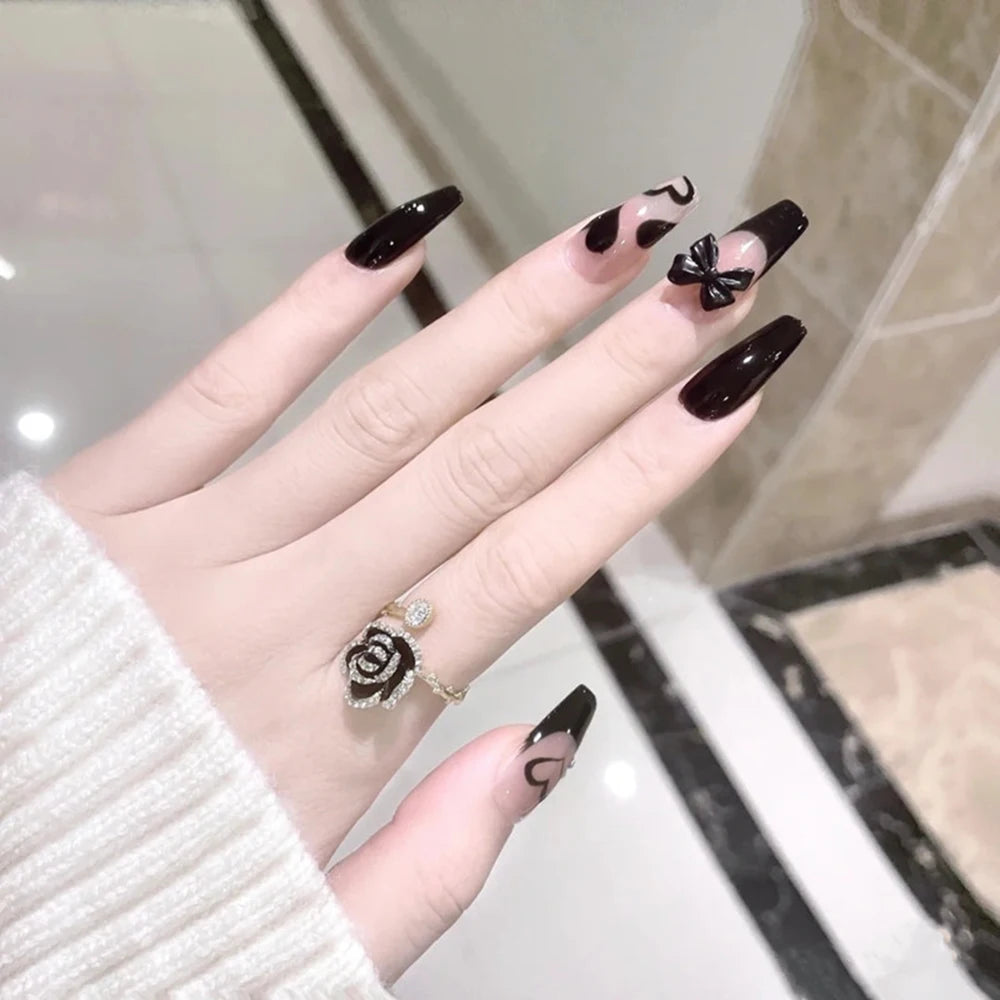 24pcs Long Press On Nails Cute Black Bow Design Fake Nails Full Coverage Nail Manicure Salon DIY Art Dark Style Nails Tips Uñas