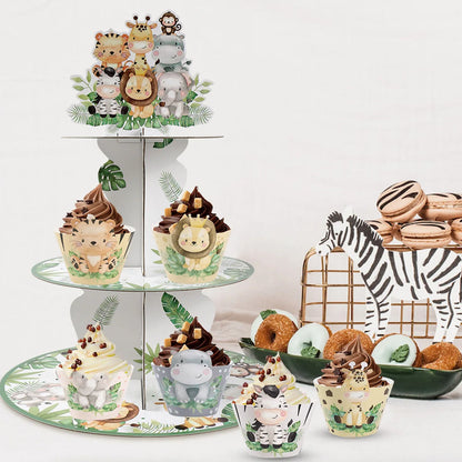 Soporte para cupcakes de Safari con animales de la selva, decoraciones para fiesta de cumpleaños, soporte para cupcakes, suministros para una fiesta salvaje para niños