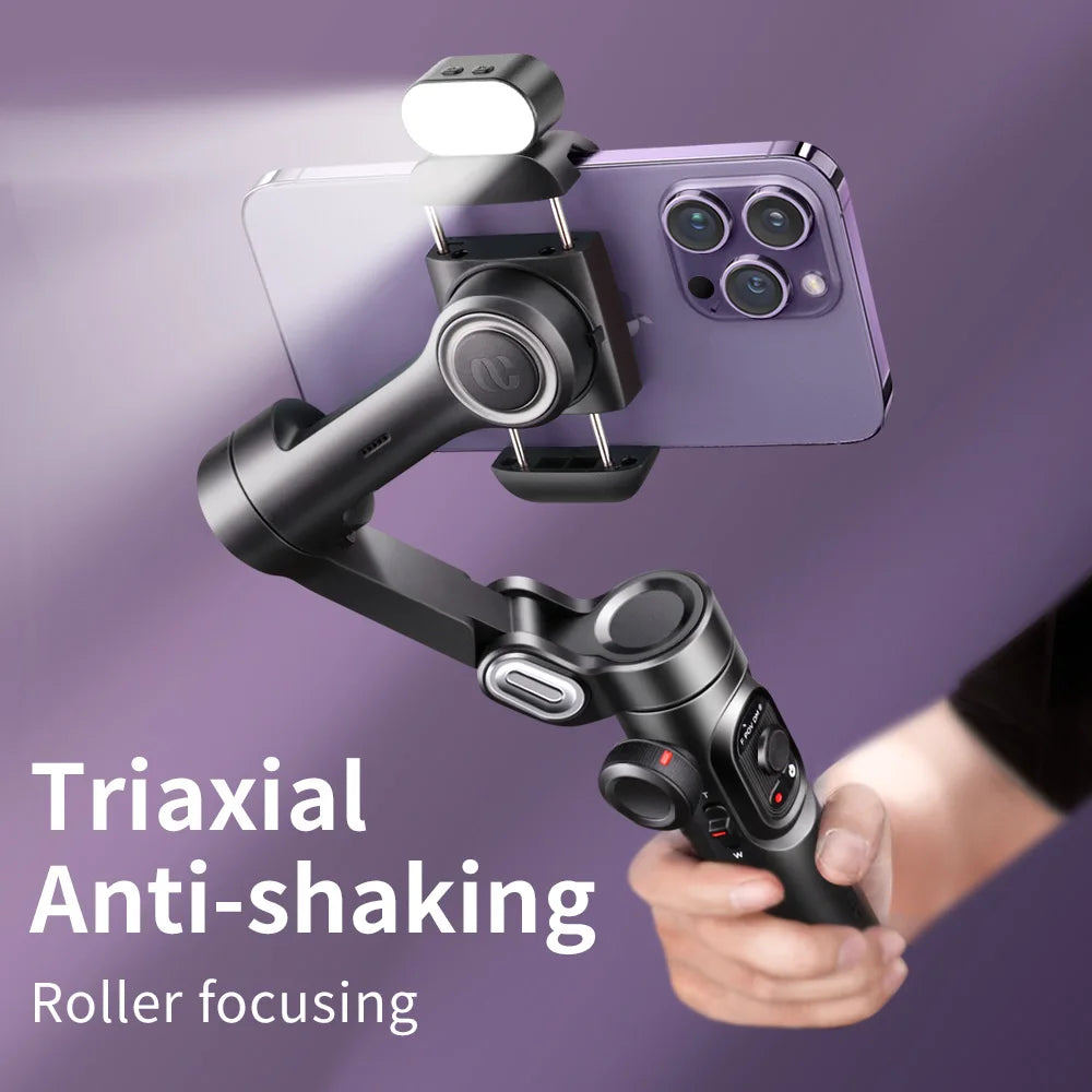 AOCHUAN 3-Axis Handheld Gimbal Stabilizer for Smartphone with Fill Light for iPhone Android Face Tracking Tiktok Vlog Smart XE