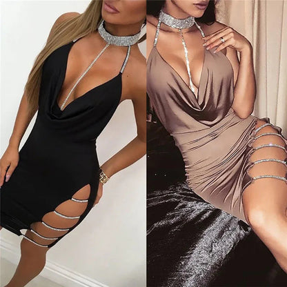 Sexy Deep V Neck Low-cut Side Split Silver Collar Body-con Dress Women Elegant Backless Sleeveless Mini Dress Club Party Store ARBELLA'S
