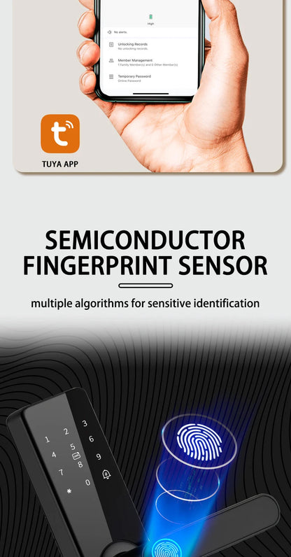 Tuya Wifi Electronic Smart Door Lock With Biometric Fingerprint / Smart Card / Password / Key Unlock/ USB Emergency Charge Store ARBELLA'S