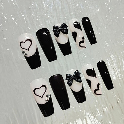 24pcs Long Press On Nails Cute Black Bow Design Fake Nails Full Coverage Nail Manicure Salon DIY Art Dark Style Nails Tips Uñas