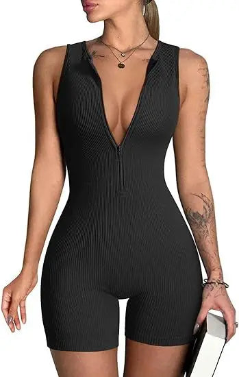 Women's Sleeveless V-Neck Bodysuit Stylish Yoga jumpsuit Exercise sleeveless front zip jumpsuit Slim Fit Romper Store ARBELLA'S