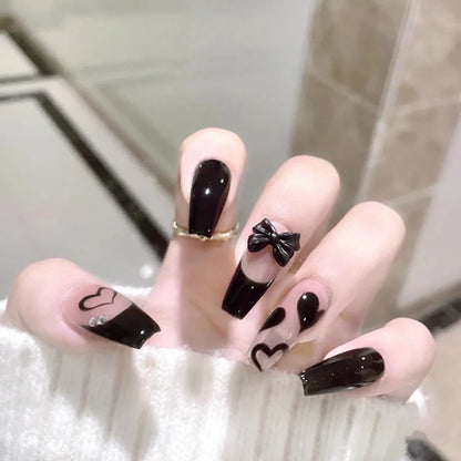 24pcs Long Press On Nails Cute Black Bow Design Fake Nails Full Coverage Nail Manicure Salon DIY Art Dark Style Nails Tips Uñas