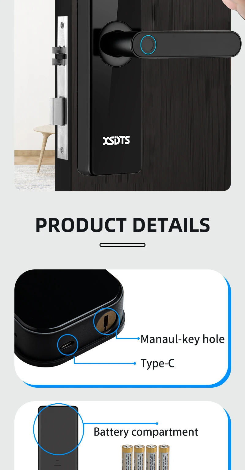 Tuya Wifi Electronic Smart Door Lock With Biometric Fingerprint / Smart Card / Password / Key Unlock/ USB Emergency Charge Store ARBELLA'S