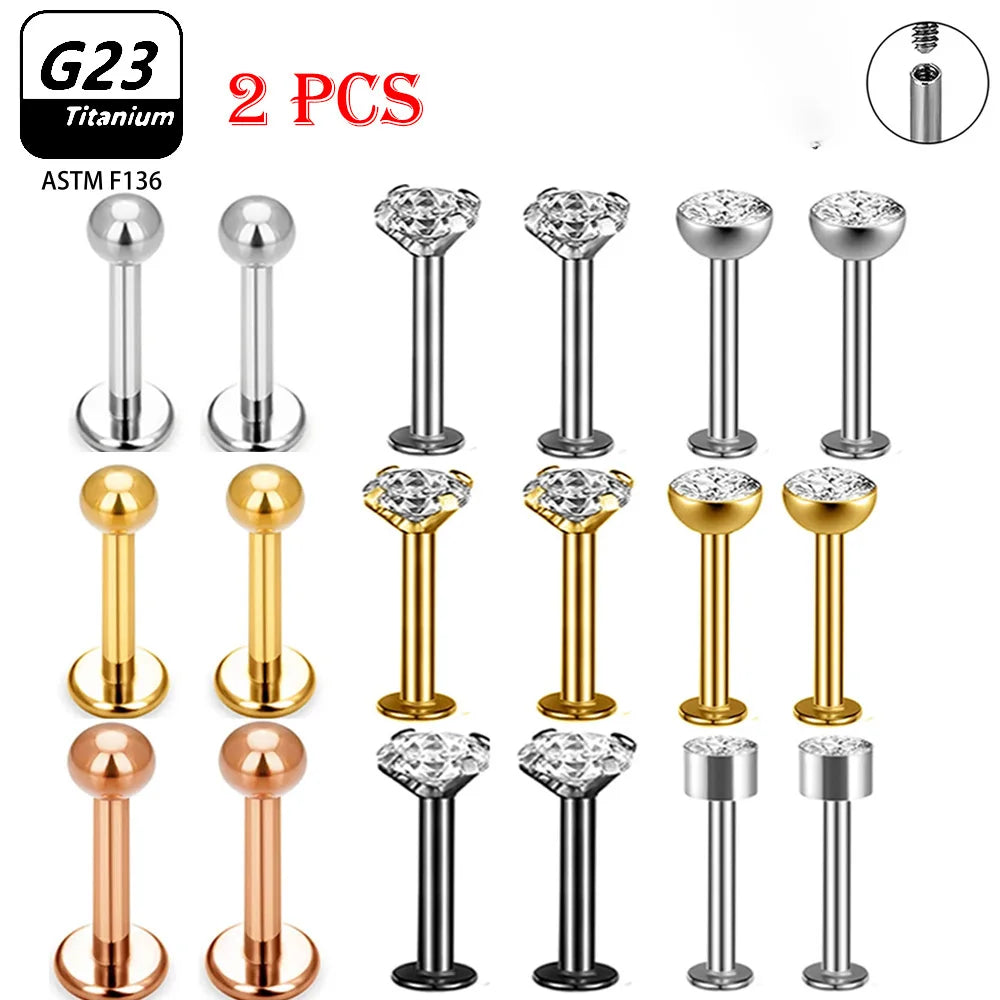 2pcs G23 Titanium Piercing Nasal Nail For Women Stud Earrings Labret 16G nternal Thread Zircon Piercing Body Jewelry Accessories