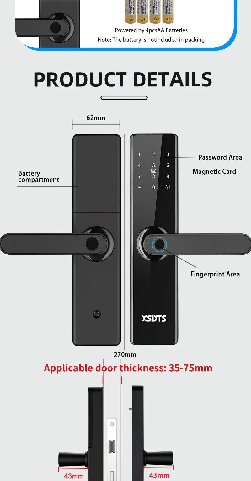 Tuya Wifi Electronic Smart Door Lock With Biometric Fingerprint / Smart Card / Password / Key Unlock/ USB Emergency Charge Store ARBELLA'S