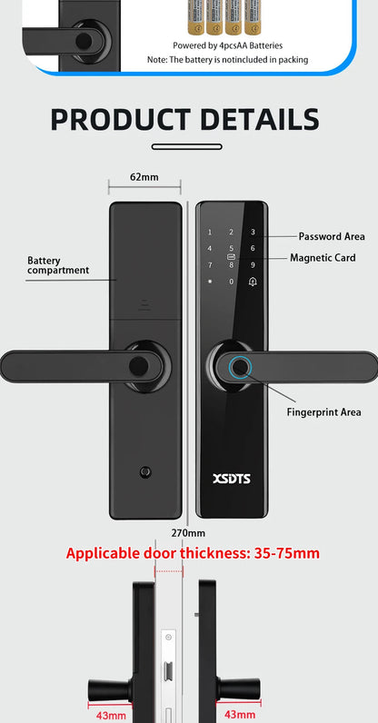 Tuya Wifi Electronic Smart Door Lock With Biometric Fingerprint / Smart Card / Password / Key Unlock/ USB Emergency Charge Store ARBELLA'S
