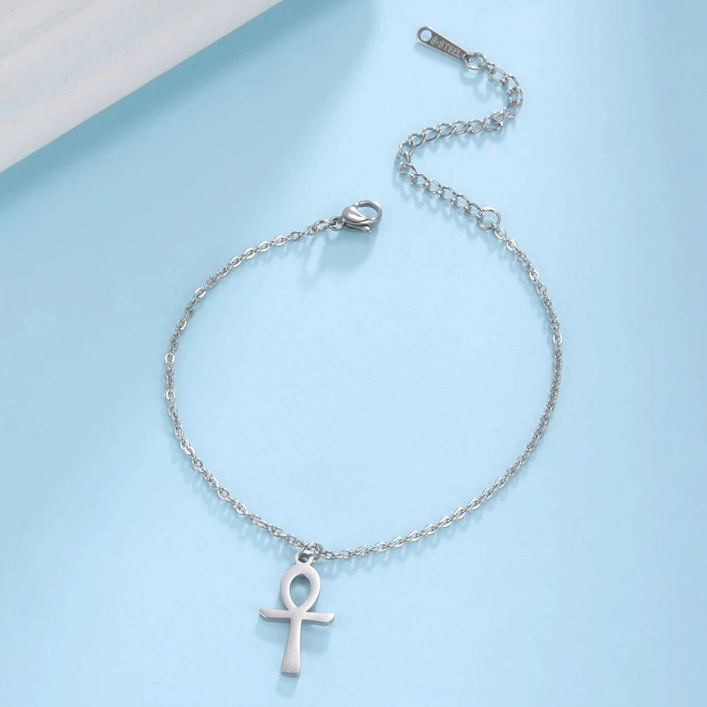 Lucktune Egypt Ankh Cross Anklets Key of Life Anklet Bracelet Stainless Steel Sandals Foot Chain Beach Jewelry for Women Gift