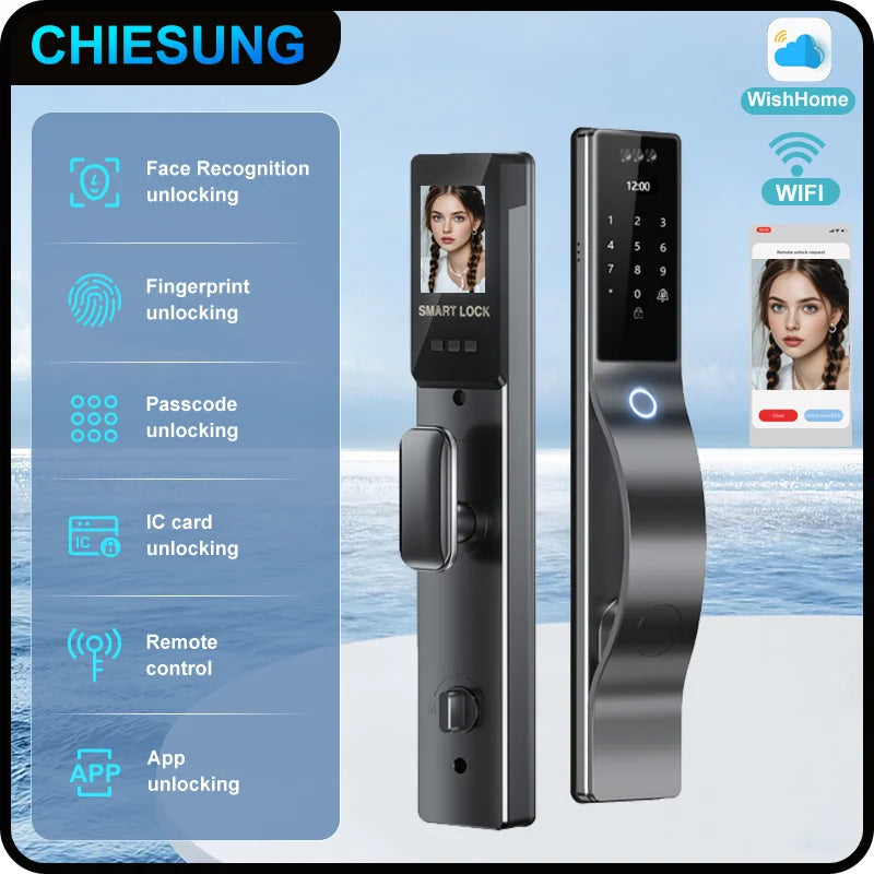 Waterproof 3D face recognition WISHOME WIFI APP RFID Card Code Keyless Smart Electronic Door Lock Aluminum/Glass Sliding Store ARBELLA'S