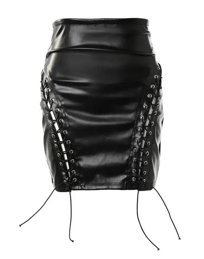 Lace-Up PU Leather Skirt for Woman New Fashion High Waist Sexy Eyelet Skinny Solid Color Bodycon Mini Skirts Night Out