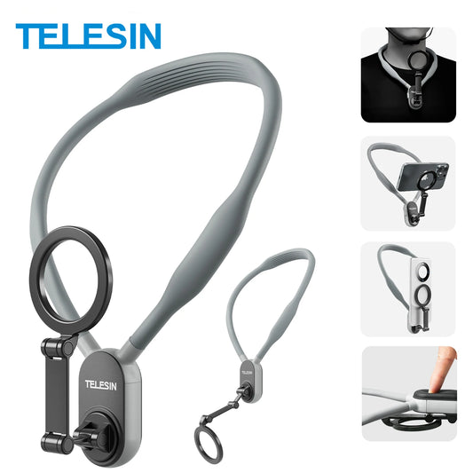 TELESIN Silicone Neck Hold Mount Magnetic Selfie Stick Tripod For Cellphone For iPhone 15 14 13 12 Pro Max For HUAWEI SAMSUNG