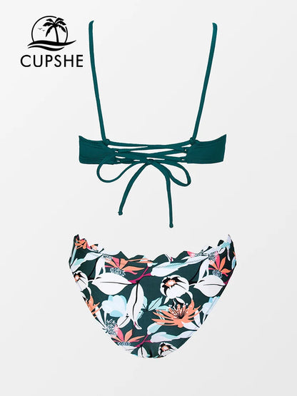 CUPSHE Cute Scalloped Back Tie Bikini Sets For Women Sexy Solid Low Waist Two Pieces Swimsuit Beach Bathing Suits Swimwear