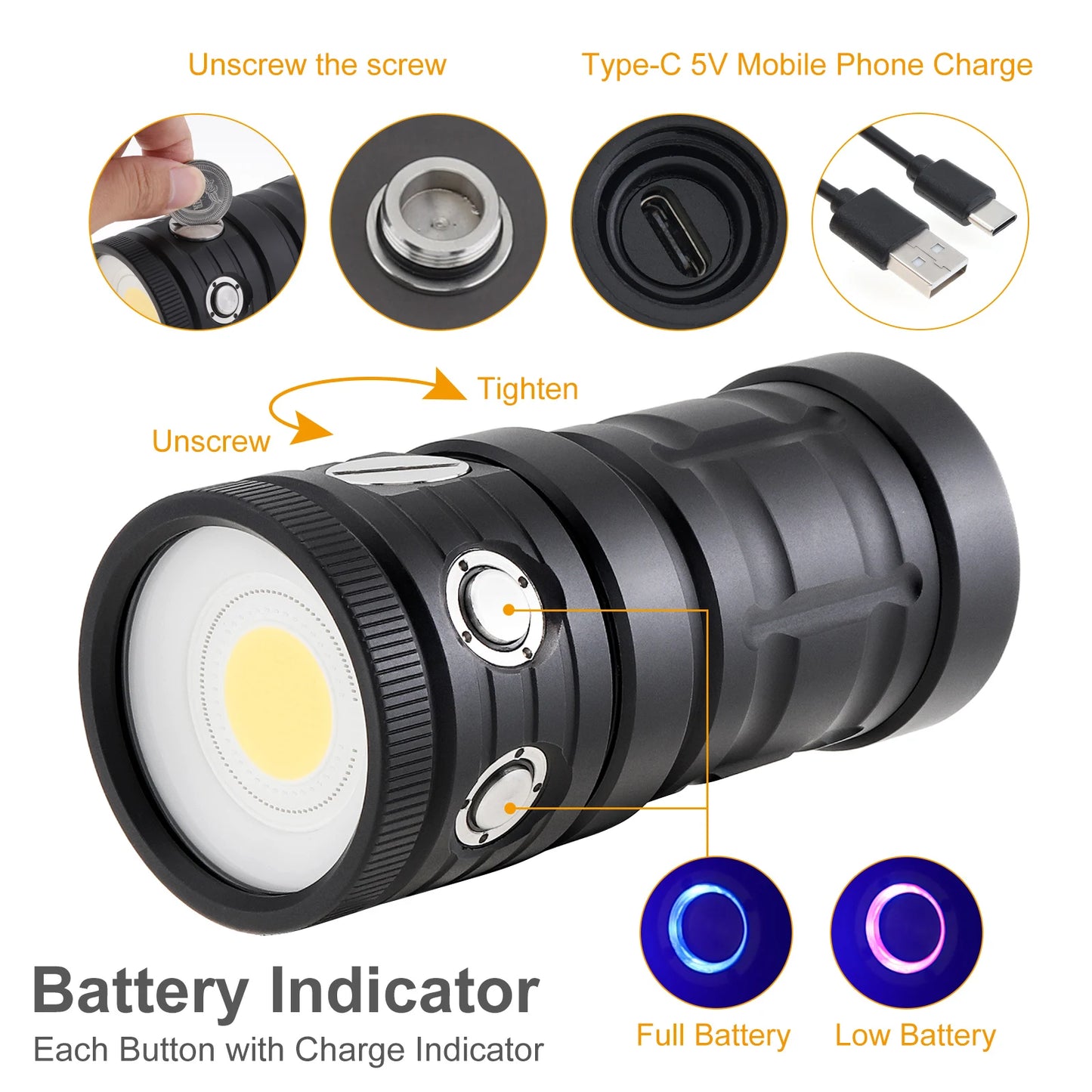 SecurityIng Professional Photography Light Highlight Lamp 18000 Lumen COB LED Diving Flashlight IPX-8 100M Camera Video Torch