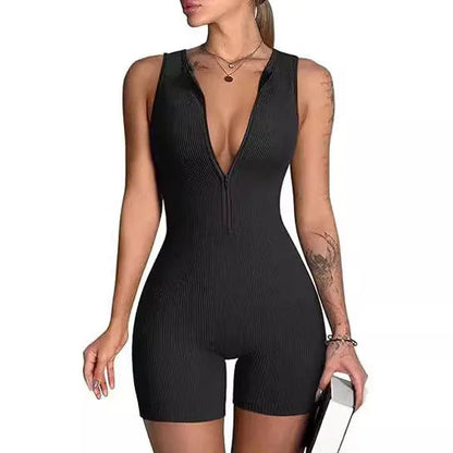 Women's Sleeveless V-Neck Bodysuit Stylish Yoga jumpsuit Exercise sleeveless front zip jumpsuit Slim Fit Romper Store ARBELLA'S
