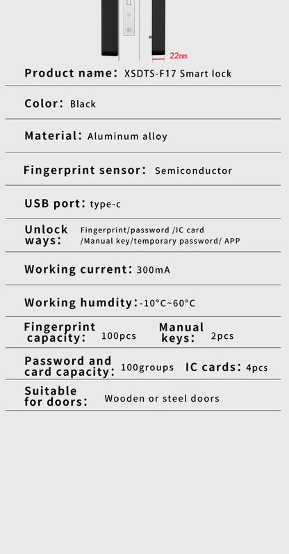 Tuya Wifi Electronic Smart Door Lock With Biometric Fingerprint / Smart Card / Password / Key Unlock/ USB Emergency Charge Store ARBELLA'S
