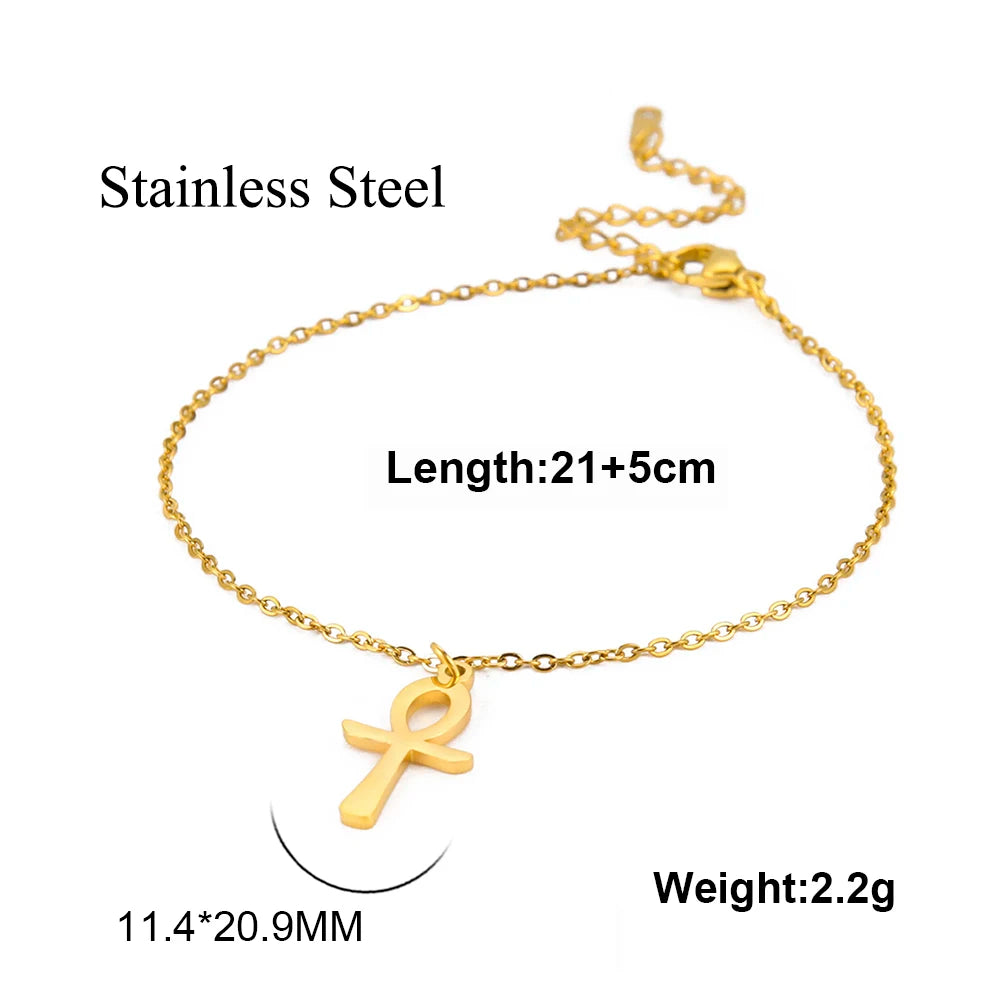 Lucktune Egypt Ankh Cross Anklets Key of Life Anklet Bracelet Stainless Steel Sandals Foot Chain Beach Jewelry for Women Gift