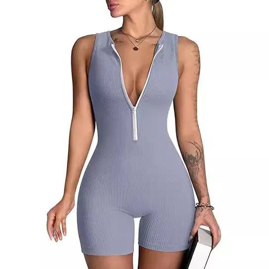 Women's Sleeveless V-Neck Bodysuit Stylish Yoga jumpsuit Exercise sleeveless front zip jumpsuit Slim Fit Romper Store ARBELLA'S