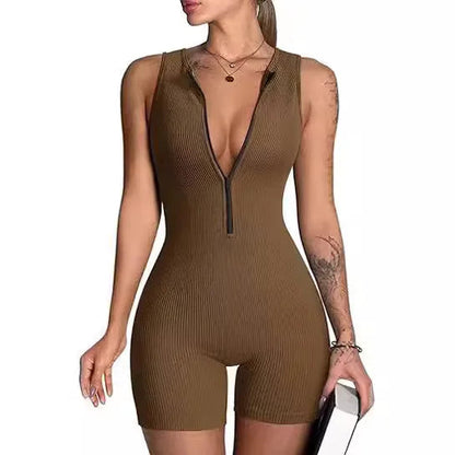 Women's Sleeveless V-Neck Bodysuit Stylish Yoga jumpsuit Exercise sleeveless front zip jumpsuit Slim Fit Romper Store ARBELLA'S