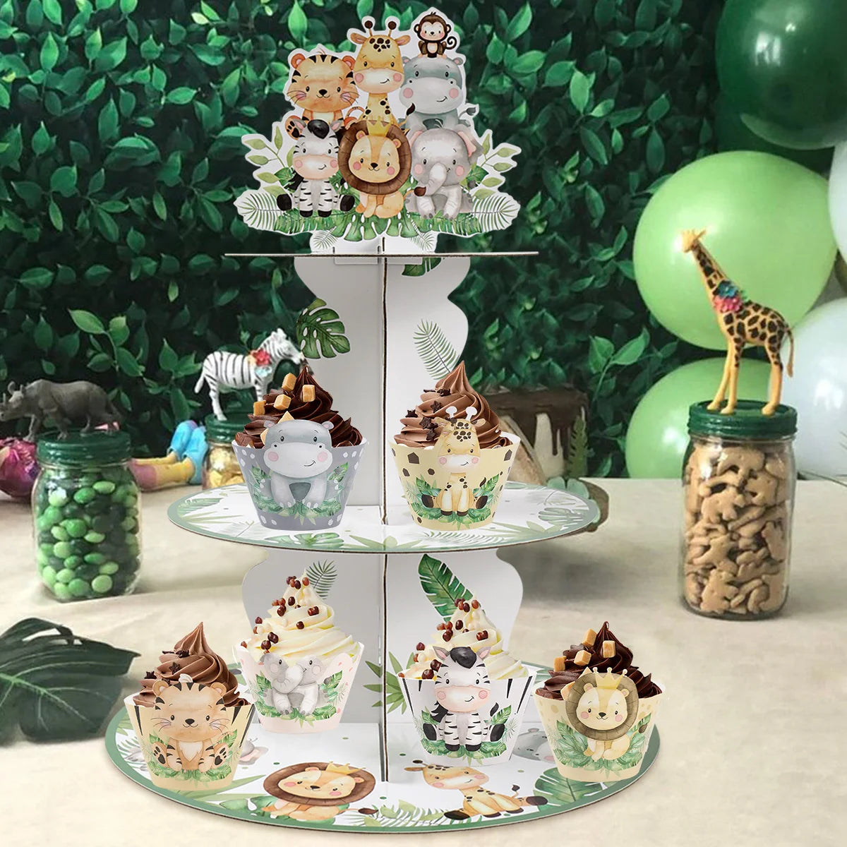 Soporte para cupcakes de Safari con animales de la selva, decoraciones para fiesta de cumpleaños, soporte para cupcakes, suministros para una fiesta salvaje para niños