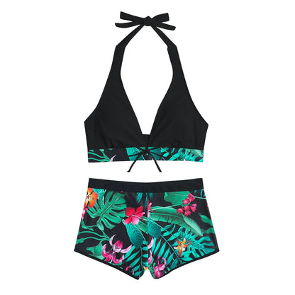 Tropical Print Bikinis Women Two Piece Swimsuit Ladies Shorts Halter Two Piece Swimwears Tankinis Set Summer Beach Wear Swimming