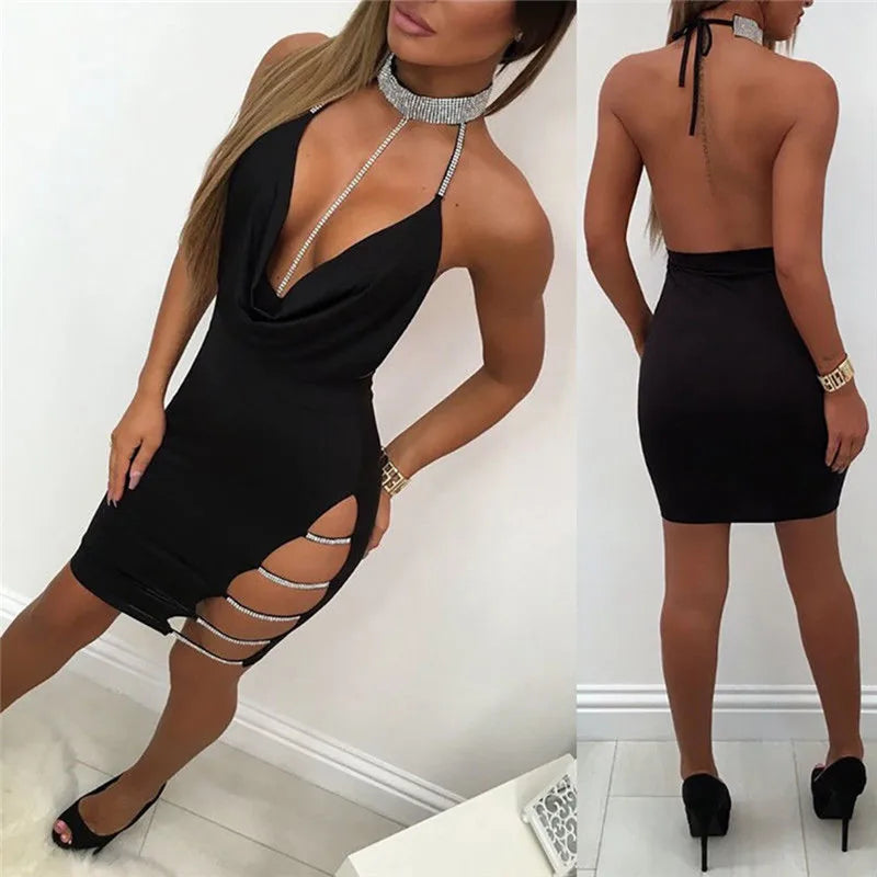 Sexy Deep V Neck Low-cut Side Split Silver Collar Body-con Dress Women Elegant Backless Sleeveless Mini Dress Club Party Store ARBELLA'S