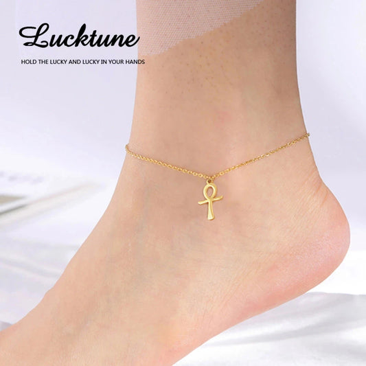 Lucktune Egypt Ankh Cross Anklets Key of Life Anklet Bracelet Stainless Steel Sandals Foot Chain Beach Jewelry for Women Gift