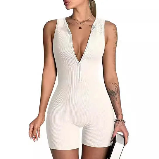 Women's Sleeveless V-Neck Bodysuit Stylish Yoga jumpsuit Exercise sleeveless front zip jumpsuit Slim Fit Romper Store ARBELLA'S