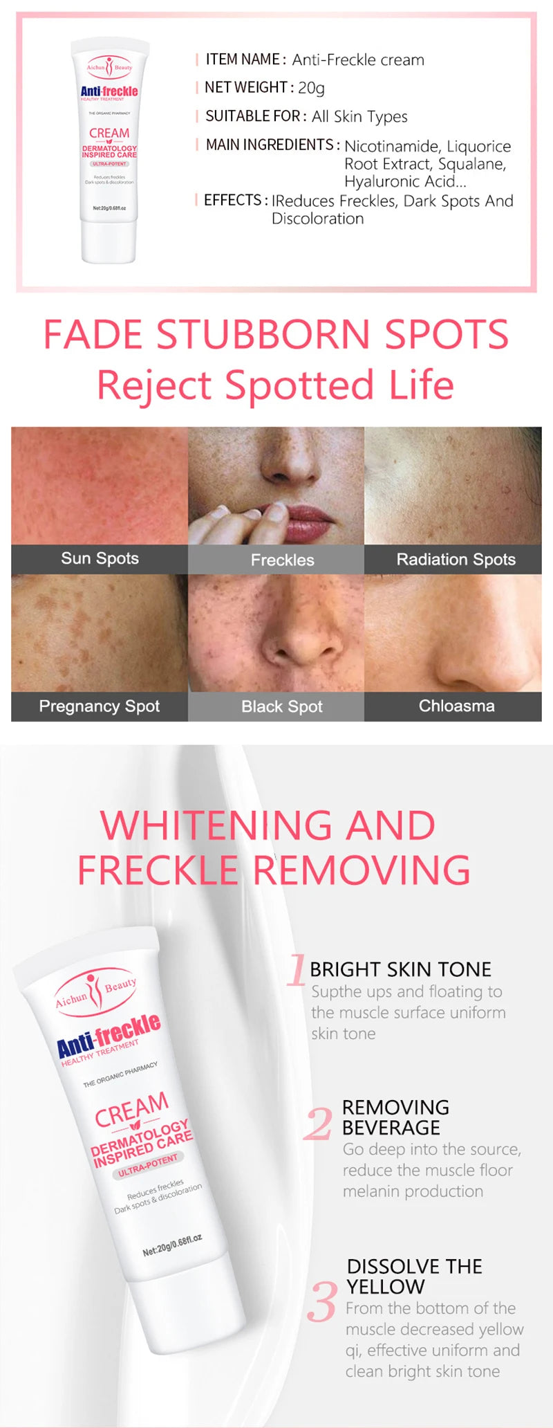 Whitening Anti Freckle Cream Effective Remove Melasma Serum Fade Dark Spots Melanin Moisturize Brighten Smooth Face Skin  Care