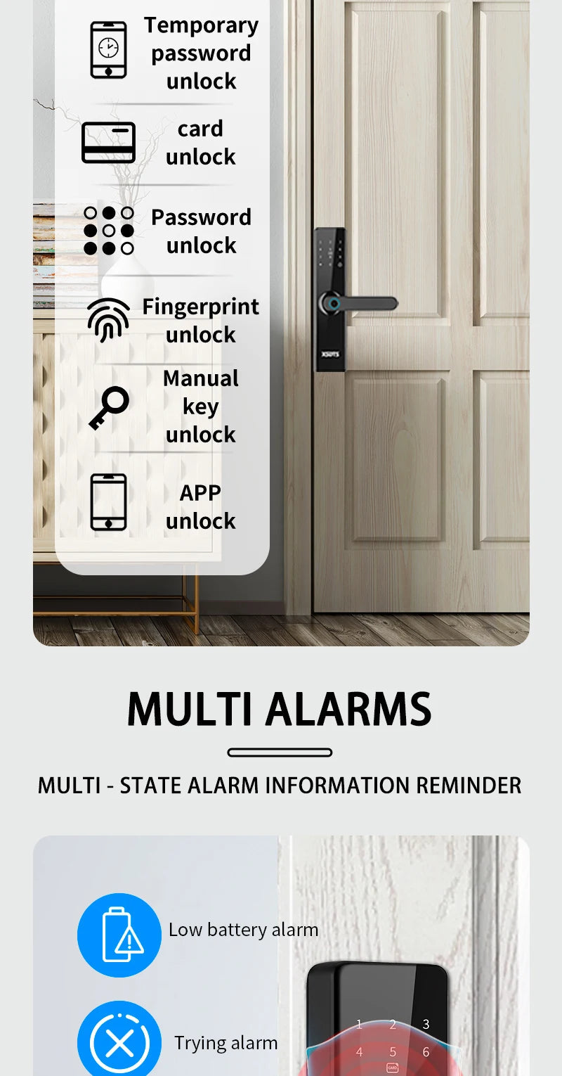 Tuya Wifi Electronic Smart Door Lock With Biometric Fingerprint / Smart Card / Password / Key Unlock/ USB Emergency Charge Store ARBELLA'S