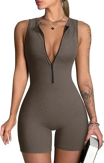 Women's Sleeveless V-Neck Bodysuit Stylish Yoga jumpsuit Exercise sleeveless front zip jumpsuit Slim Fit Romper Store ARBELLA'S