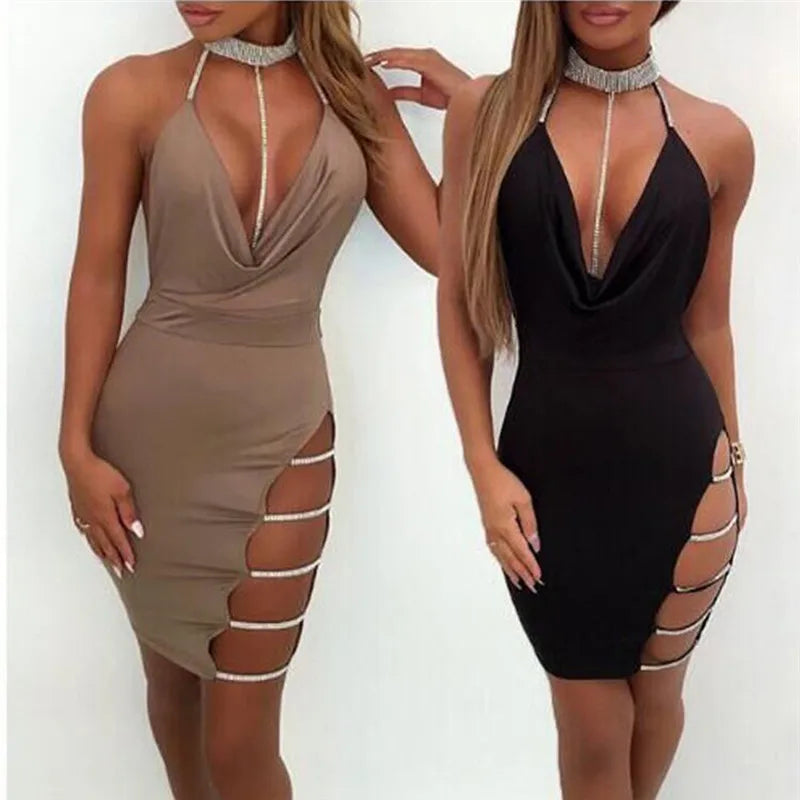 Sexy Deep V Neck Low-cut Side Split Silver Collar Body-con Dress Women Elegant Backless Sleeveless Mini Dress Club Party Store ARBELLA'S