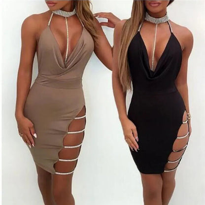 Sexy Deep V Neck Low-cut Side Split Silver Collar Body-con Dress Women Elegant Backless Sleeveless Mini Dress Club Party Store ARBELLA'S